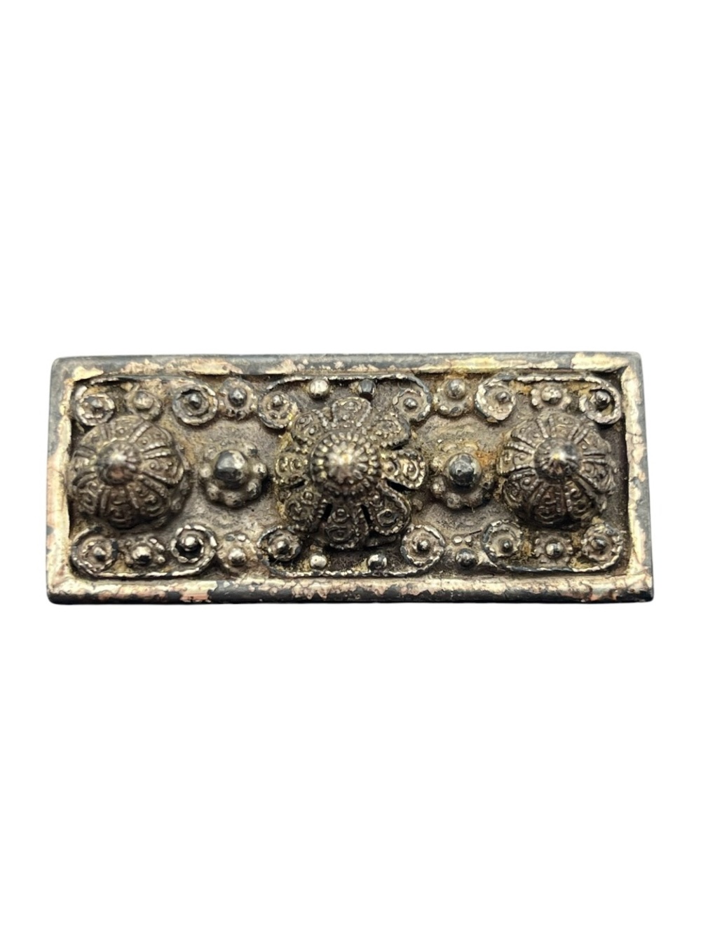 1940s Rice-Weiner "Etrusceana" rectangular silver tone brooch pin vintage